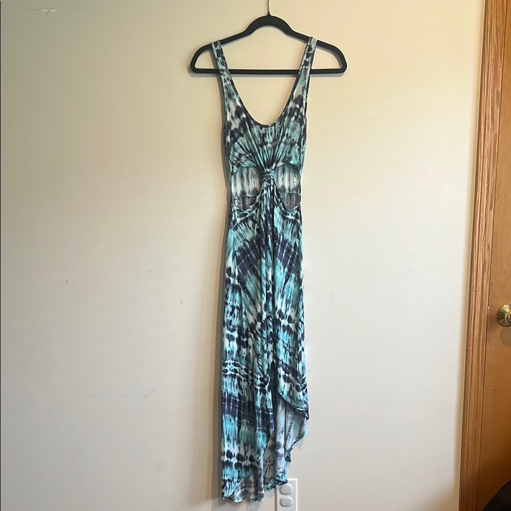 Bebe Blue and Green Asymmetrical Cutout Sundress